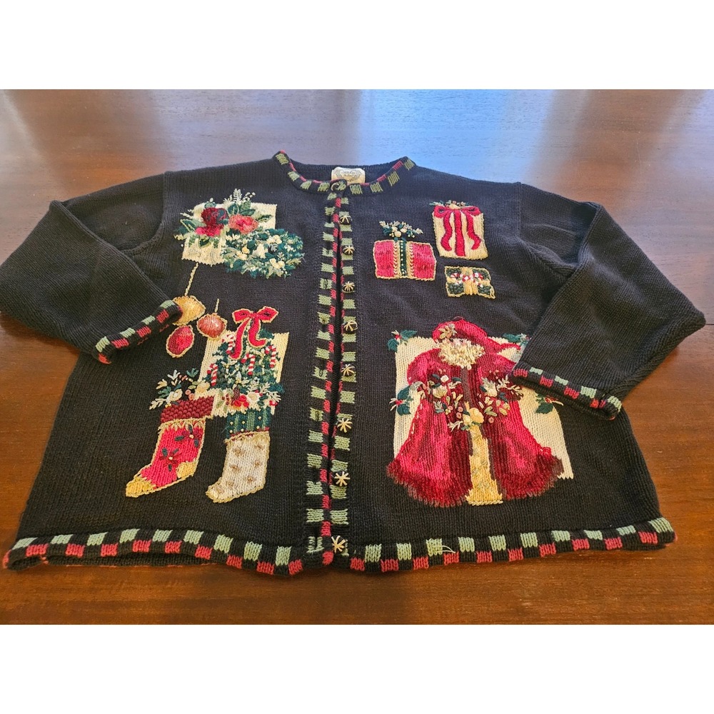 Stitches in Time Womens Sweater Christmas Holiday Folk Art Santa Claus‎ 2XL